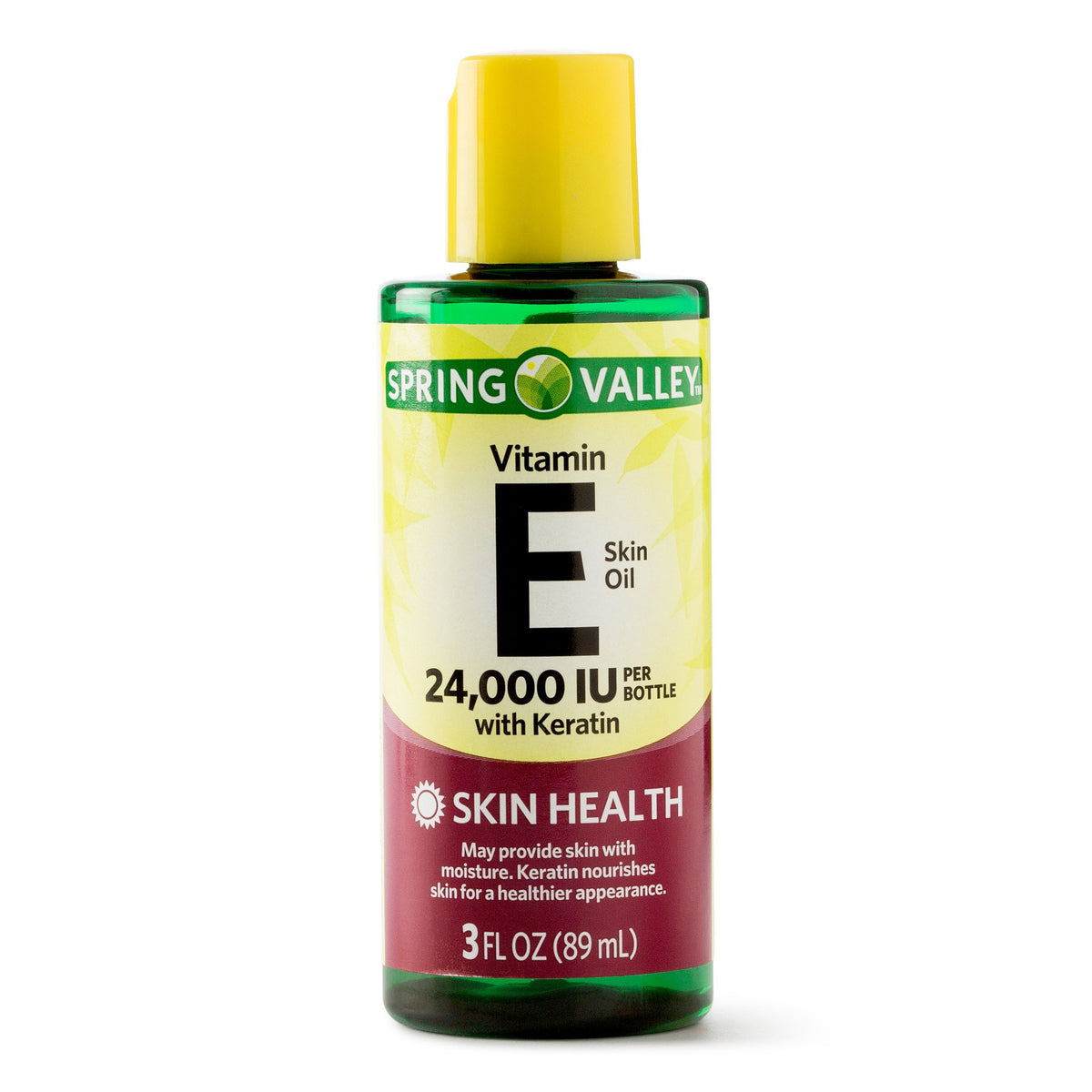 Spring Valley bottle front view showing vitamin E oil and compact design for easy use