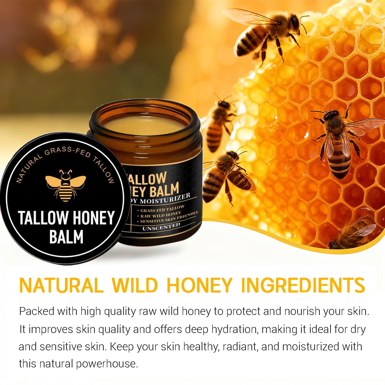 SPVMGRK raw honey, olive oil, beeswax ingredients staged to show clean formulation