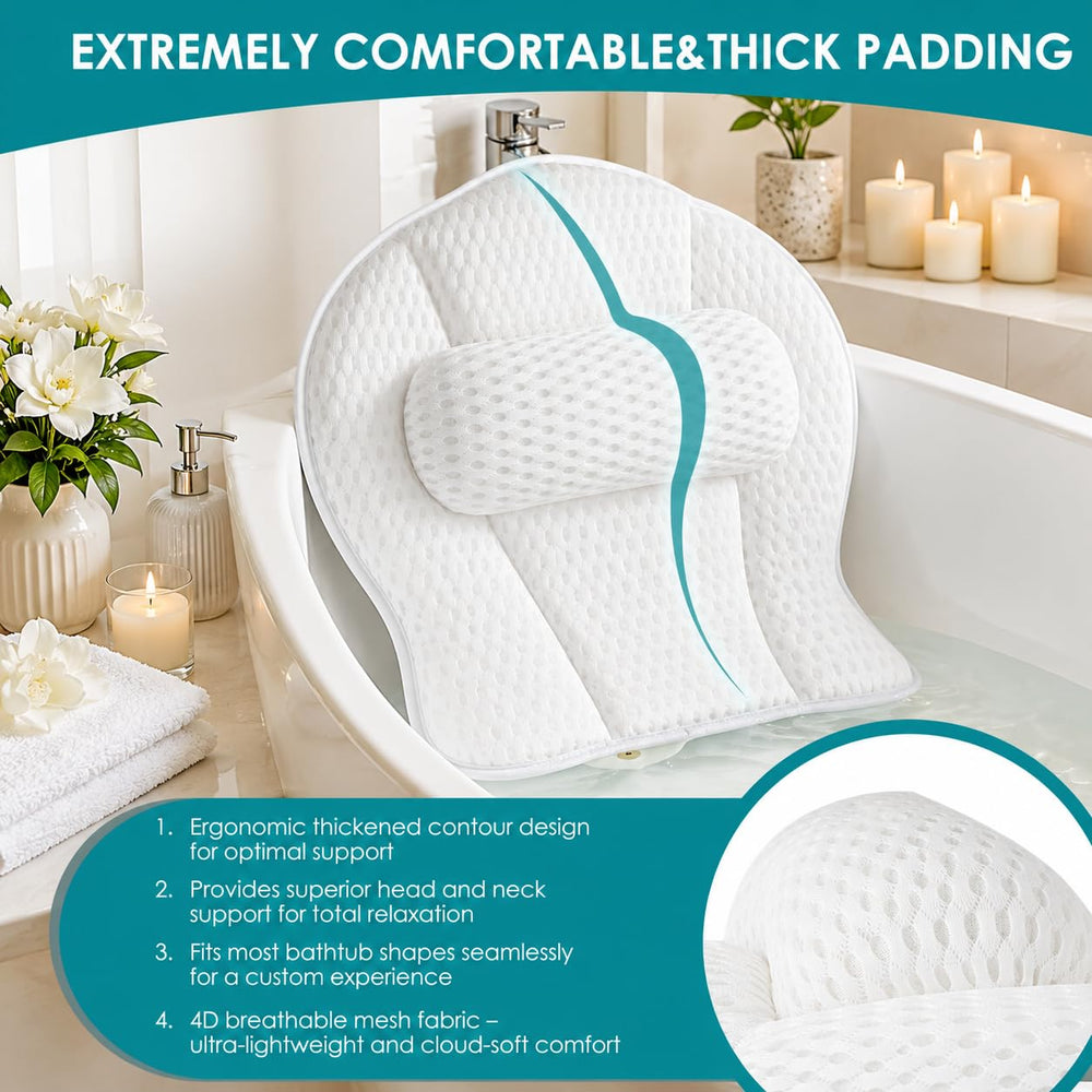 SQLHM bath pillow installed in tub showing relaxed soaking benefit