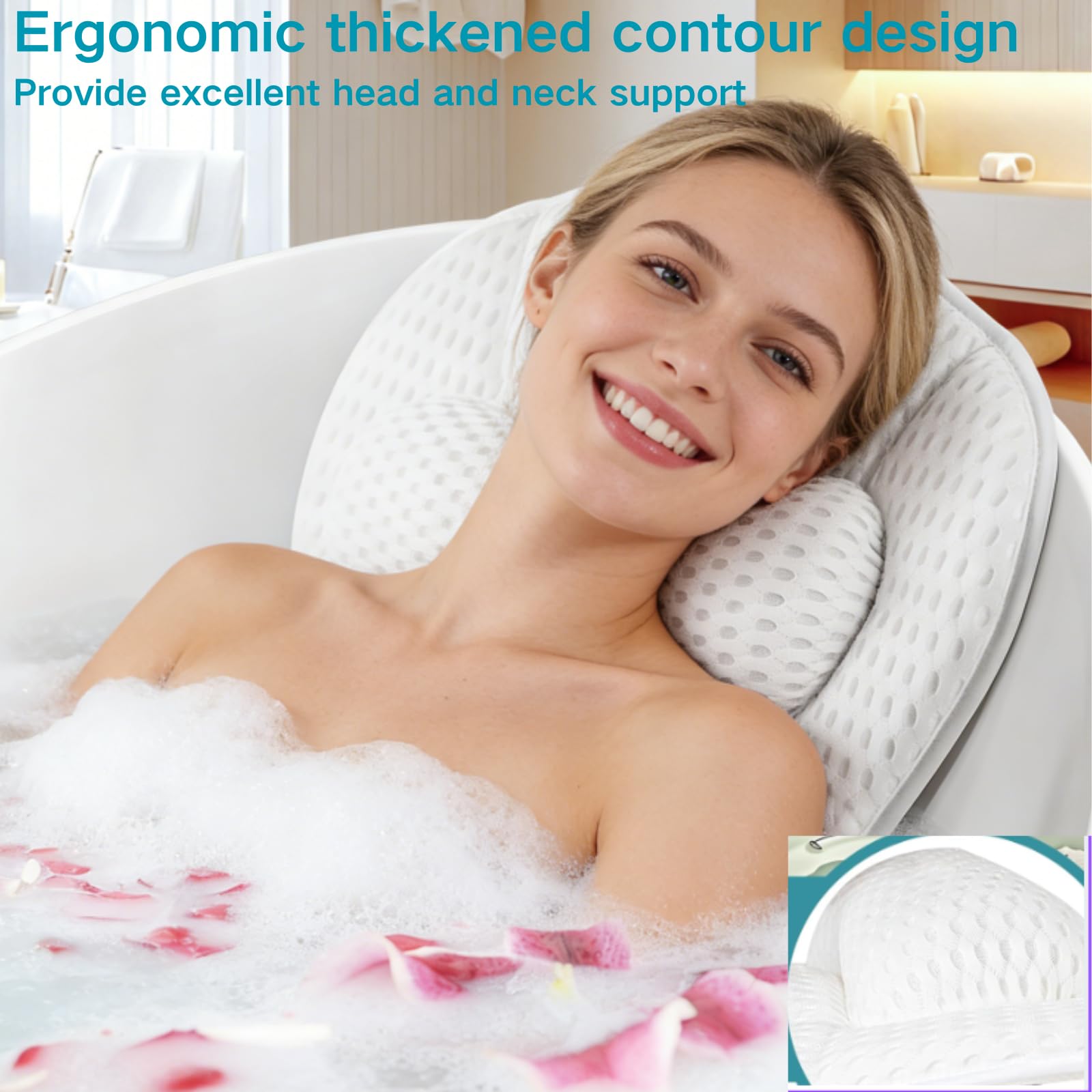 SQLHM bath pillow suction cups close-up demonstrating secure non-slip hold