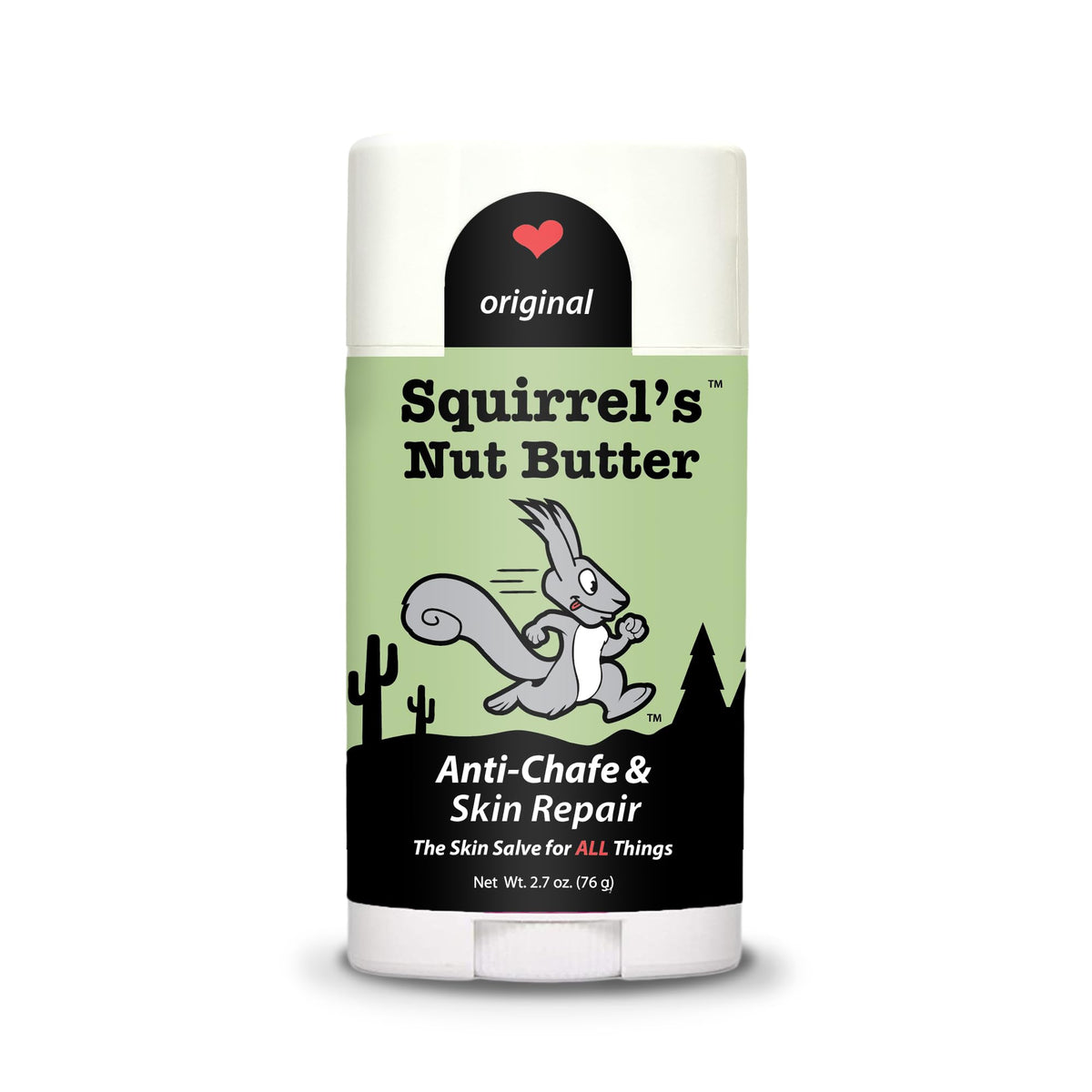 Squirrel's Nut Butter front packaging shows stick and travel benefit