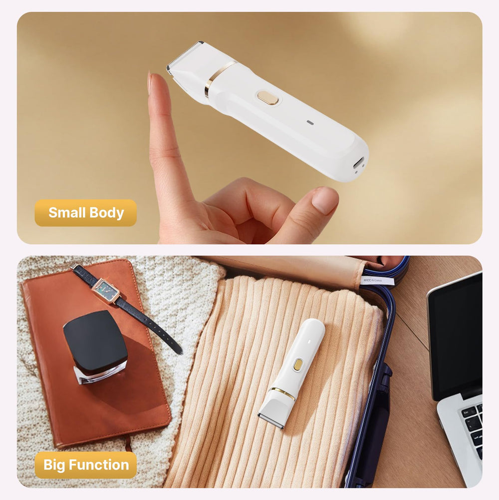 Srbydt trimmer held in hand for size and scale to show portability and travel ease