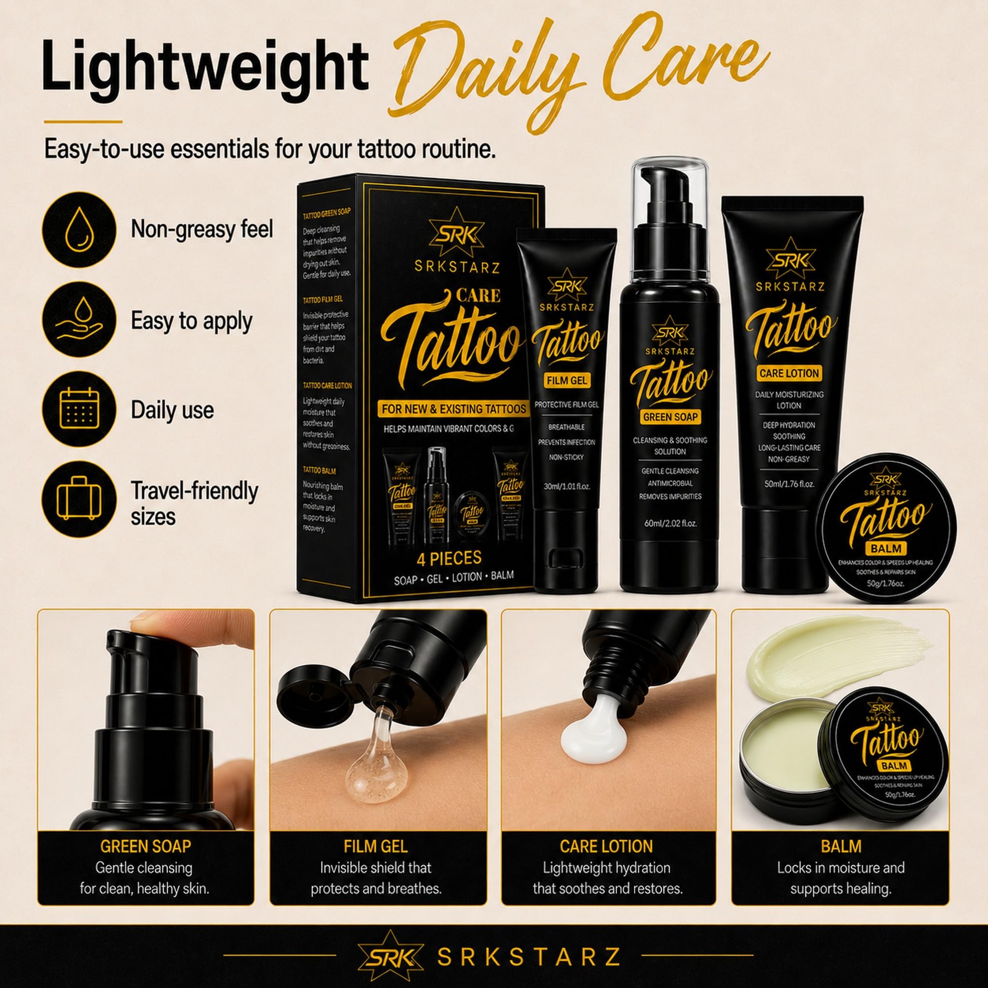 SRKSTARZ Care Lotion pump shot showing lightweight moisturizing benefit
