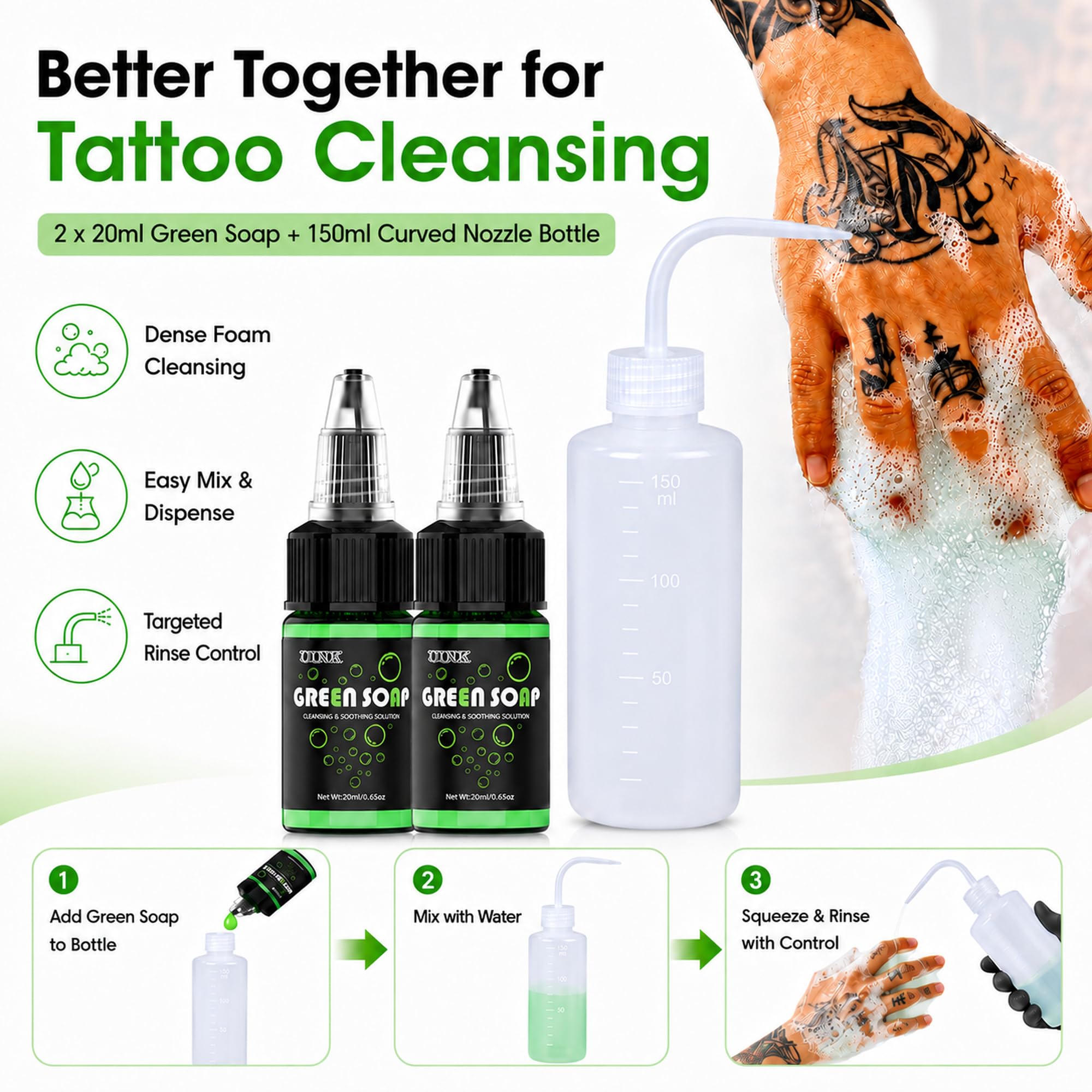 SRKSTARZ green soap bottles and 120ml wash bottle for clean wiping benefit