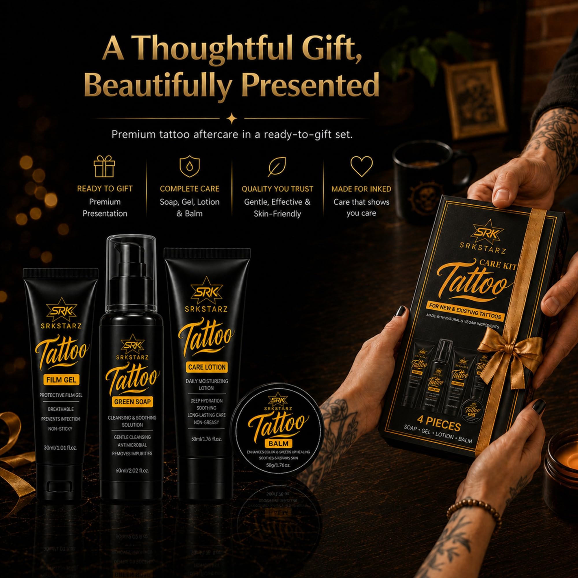 SRKSTARZ product in use after tattoo for immediate skin soothing benefit