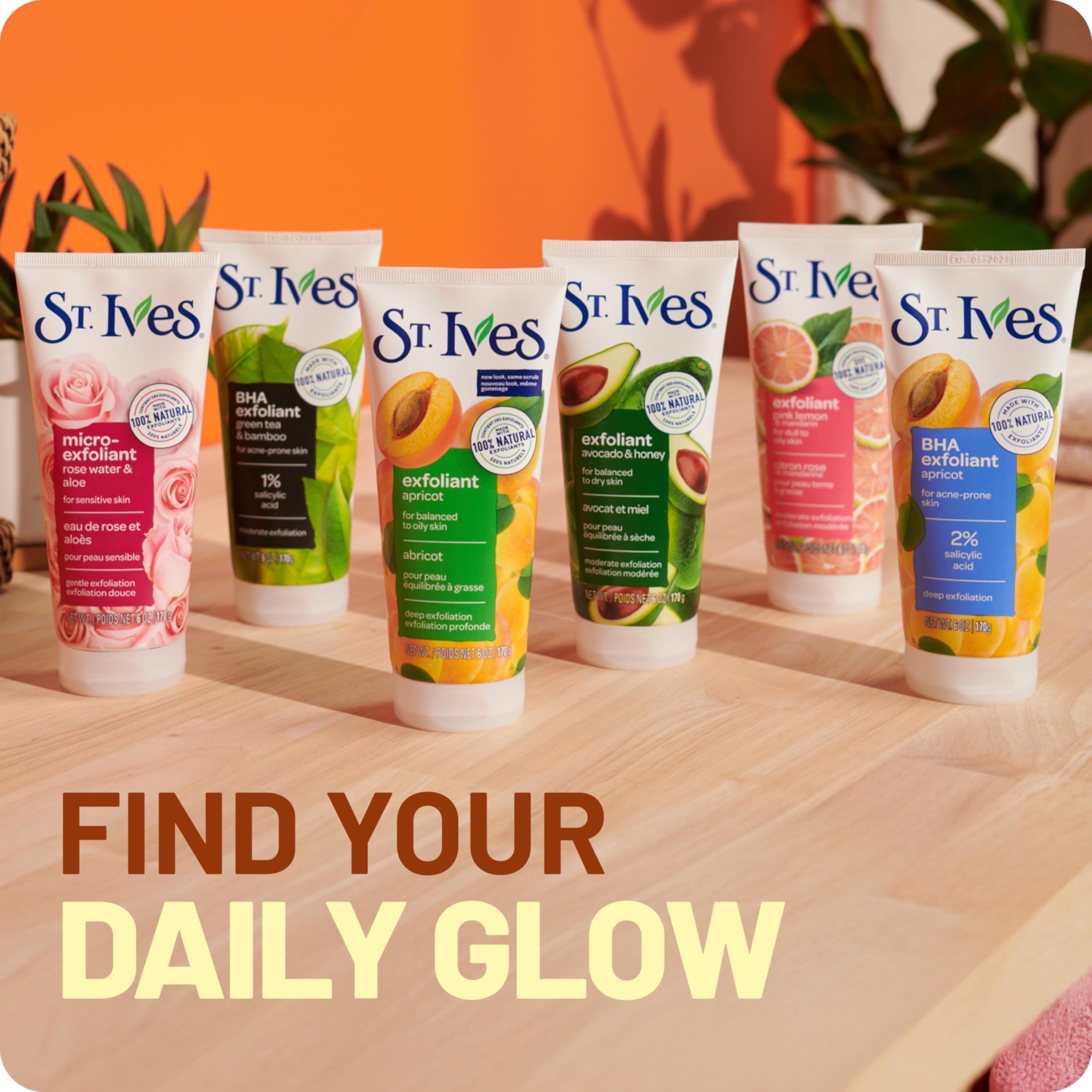 St. Ives scrub on bathroom counter in lifestyle scene promoting daily use