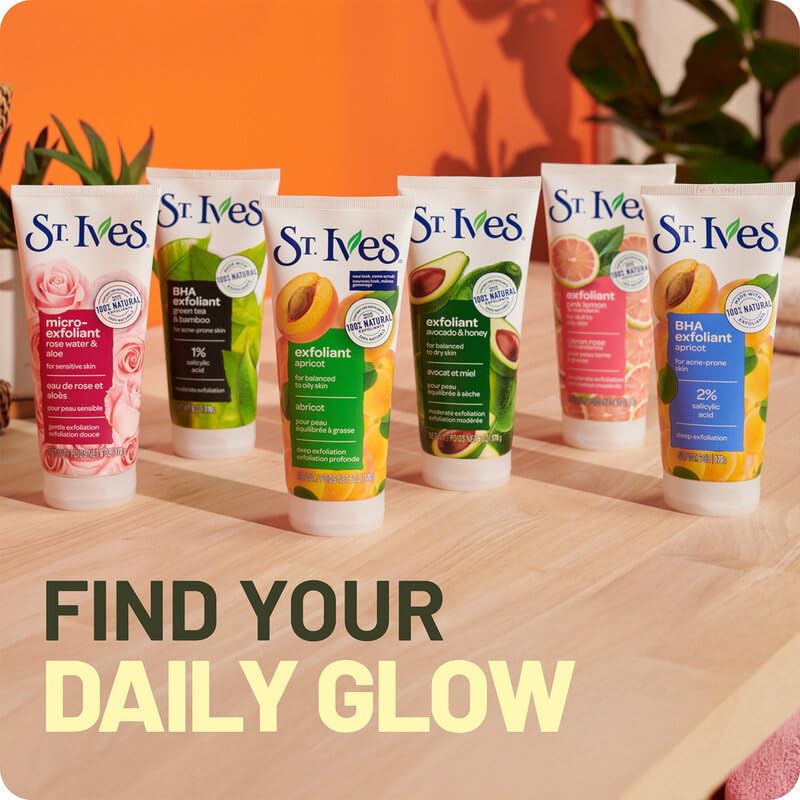St. Ives scrub on a bathroom shelf in lifestyle scene promoting daily ritual