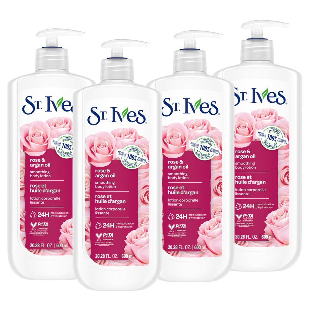 St. Ives front packaging shows rose and argan benefits