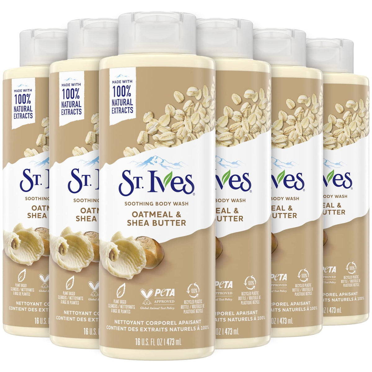 St. Ives front packaging showing bottle and calming design benefit: clear product ID