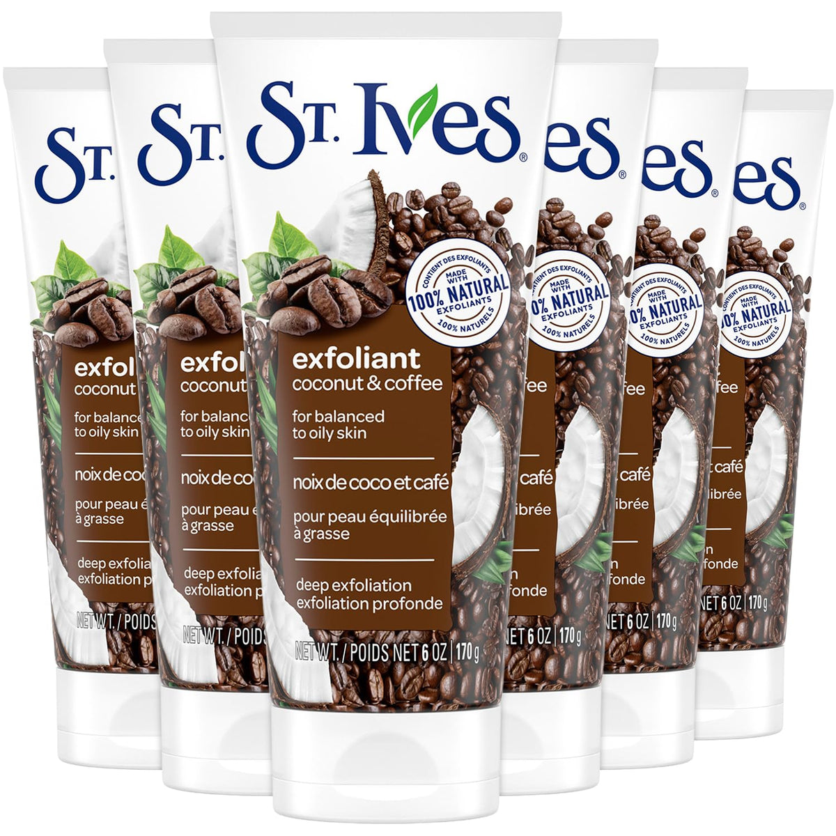St. Ives front packaging showing six tubs and energizing coffee scent benefit