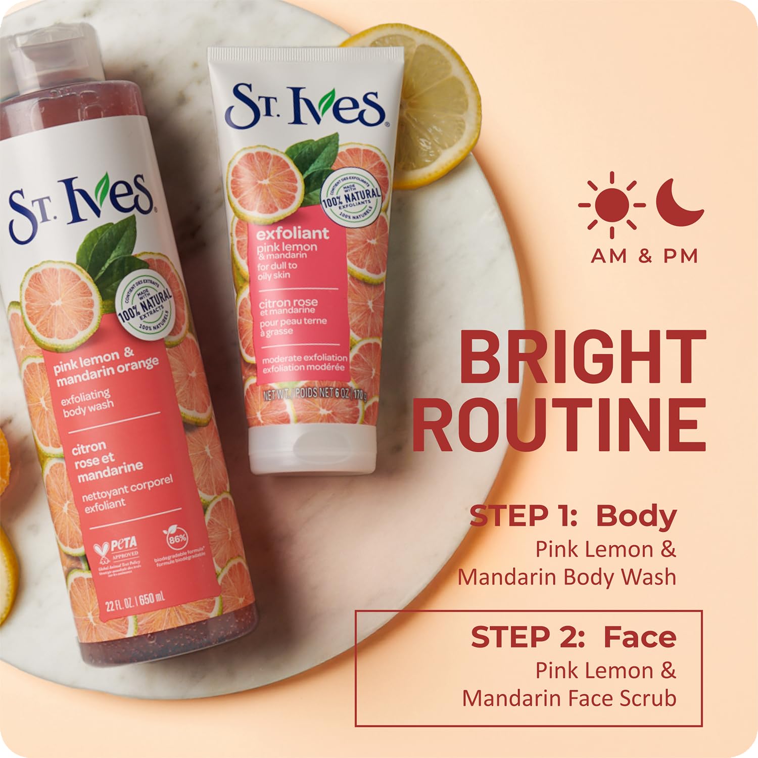 St. Ives on bathroom shelf in lifestyle scene, suggests daily routine fit