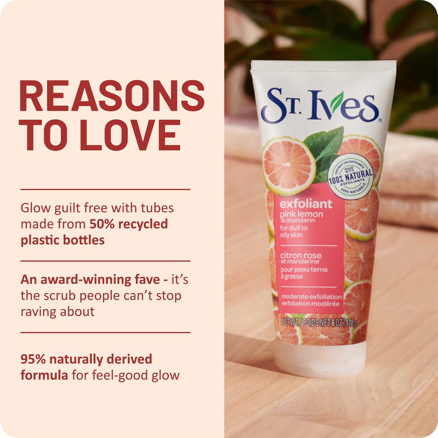St. Ives lemon peel ingredient focus with fruit, underlines natural citrus formulation