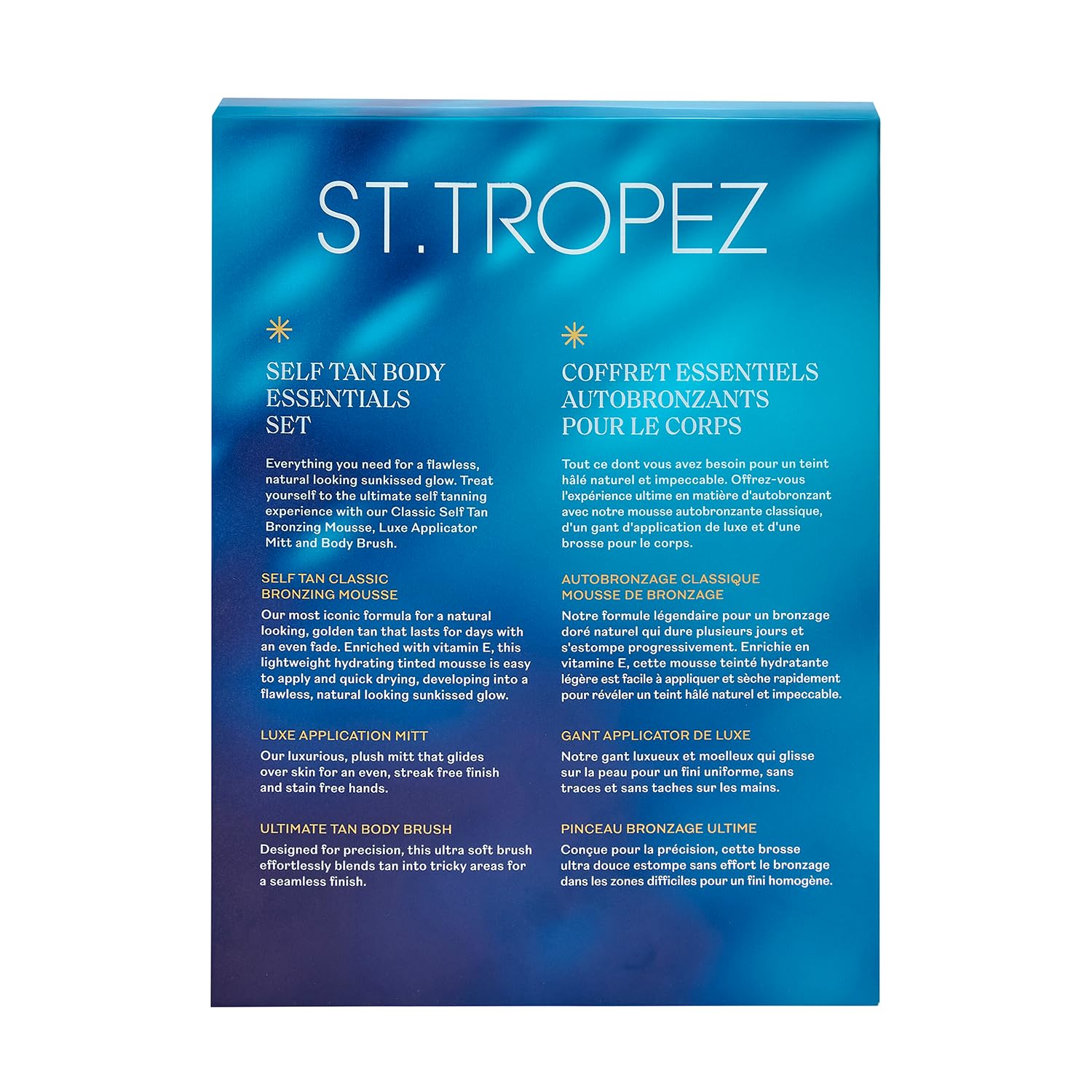 St.Tropez kit shown next to hand to display compact travel-friendly size