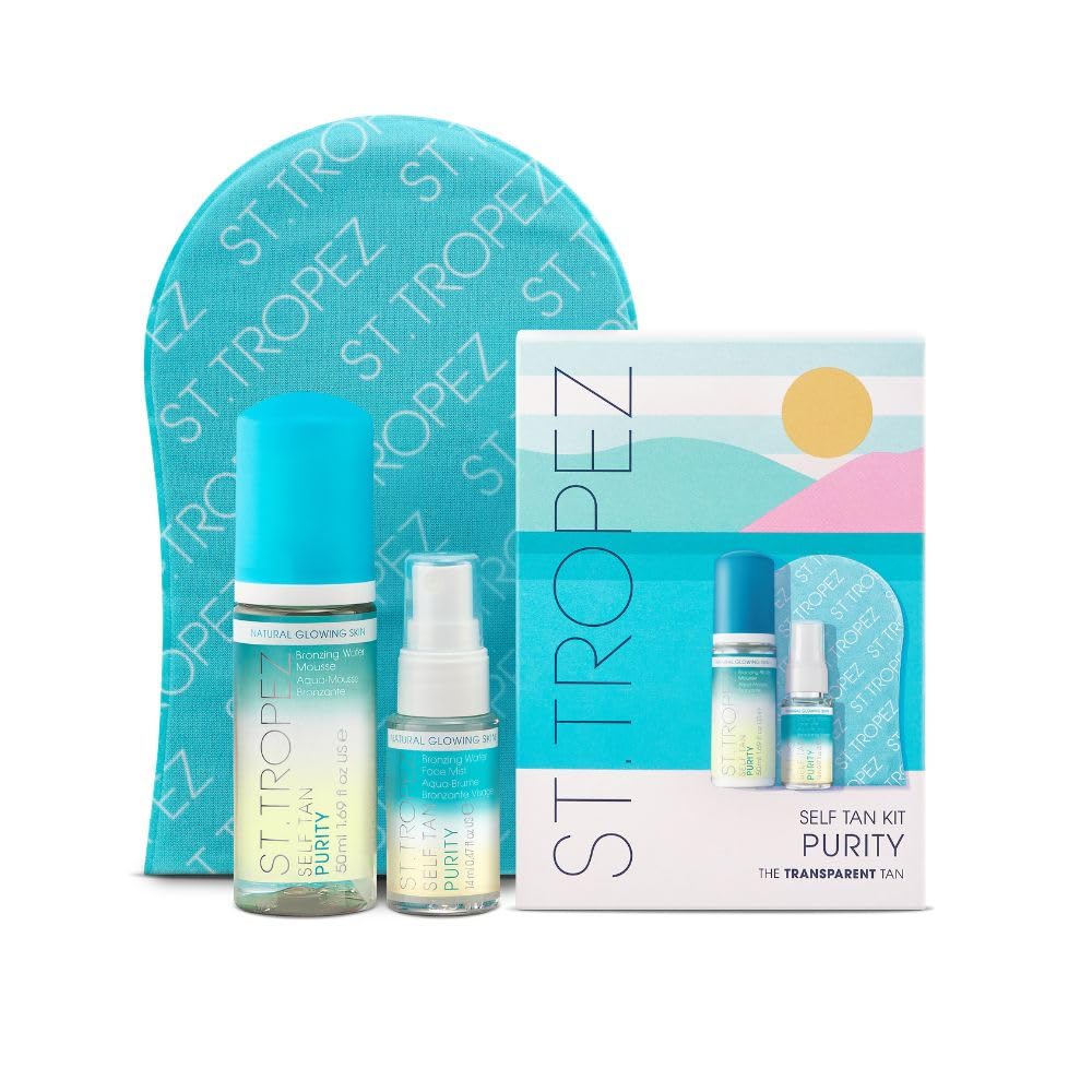 St.Tropez Purity mini kit front packaging showing travel-sized bottles and mitt for easy tanning