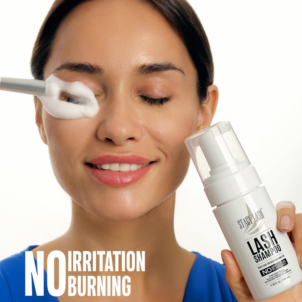 STACY LASH bottle with shampoo brush displayed to show tools for gentle, precise cleansing