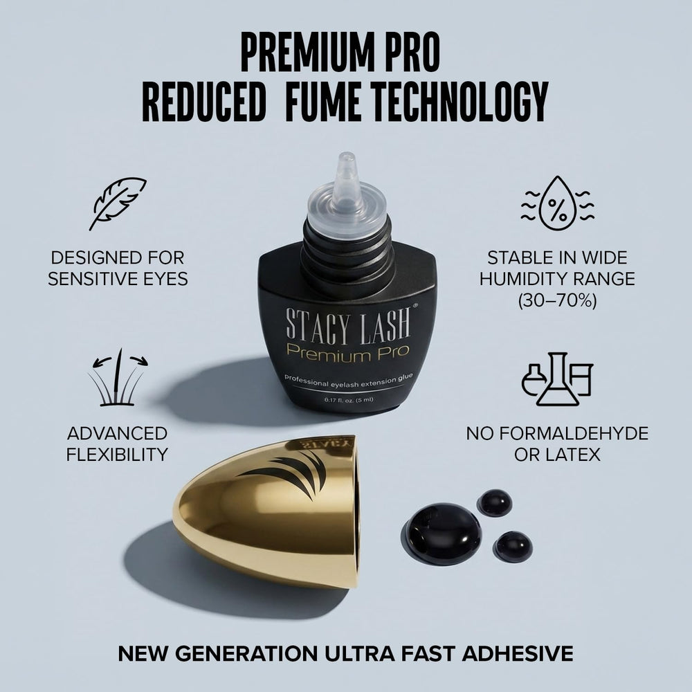 STACY LASH glue drying demo with stopwatch highlighting 0.3-second tack time benefit