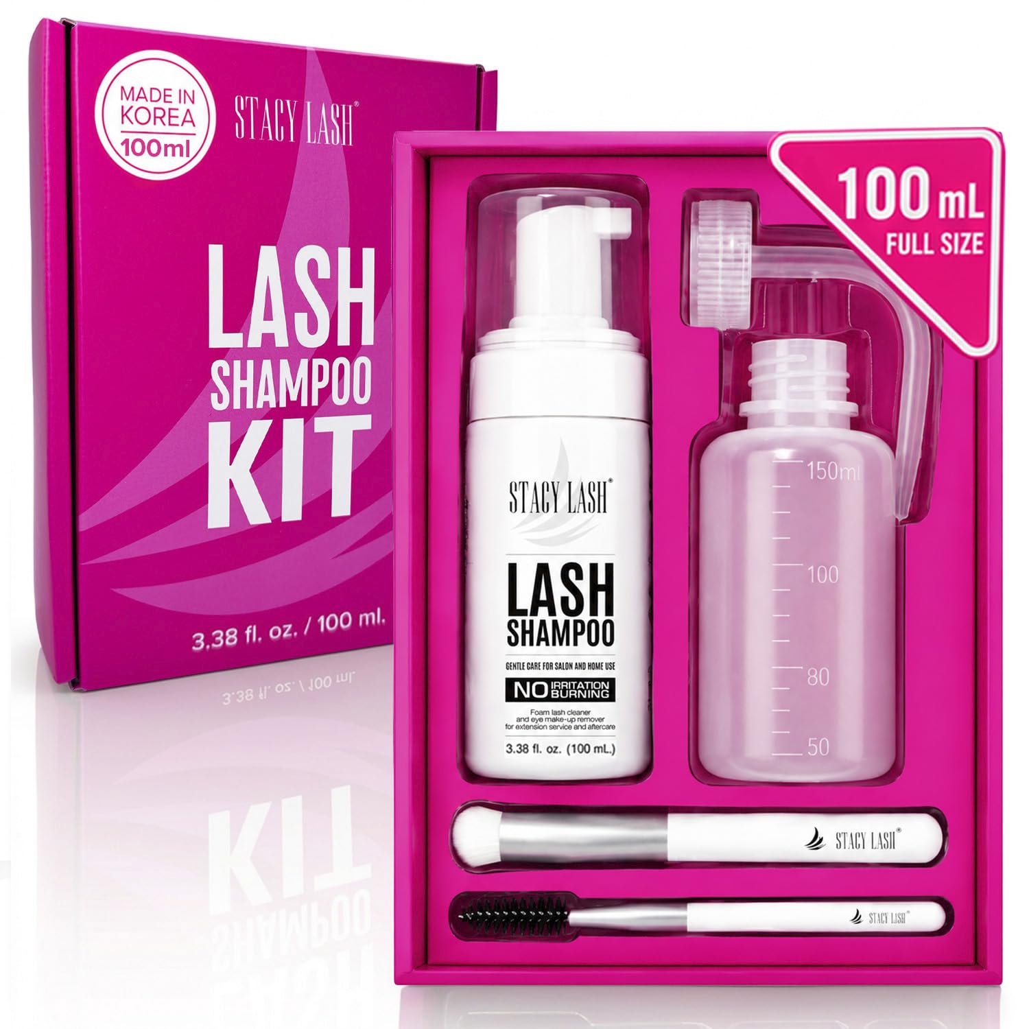 STACY LASH kit front packaging showing full lash cleansing set reducing buildup