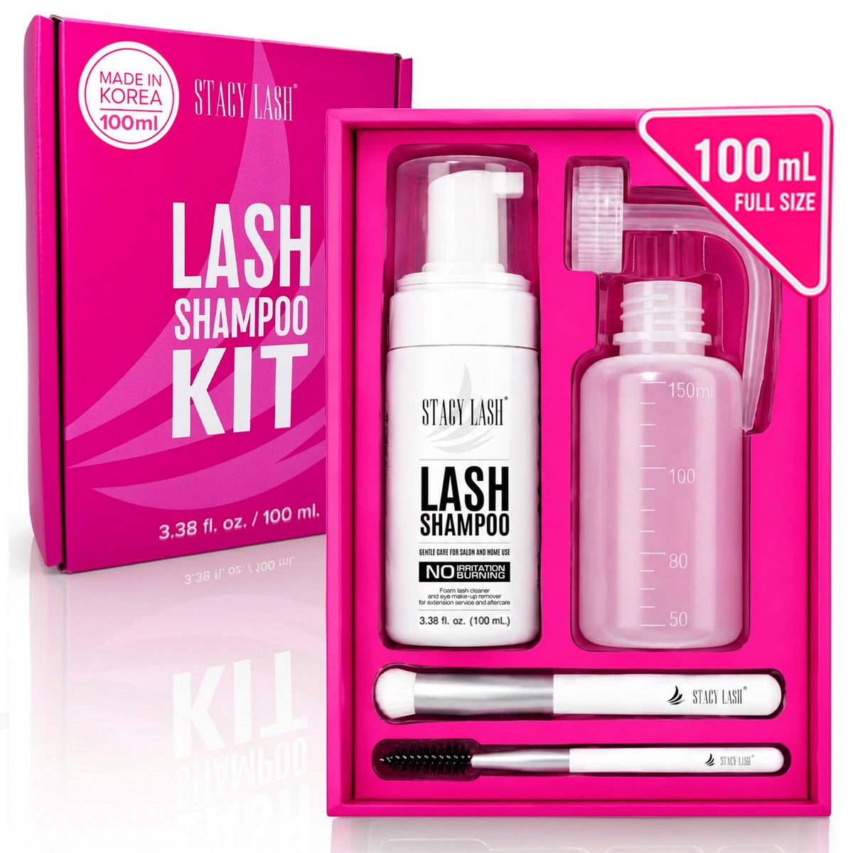 STACY LASH kit front packaging showing full lash cleansing set reducing buildup