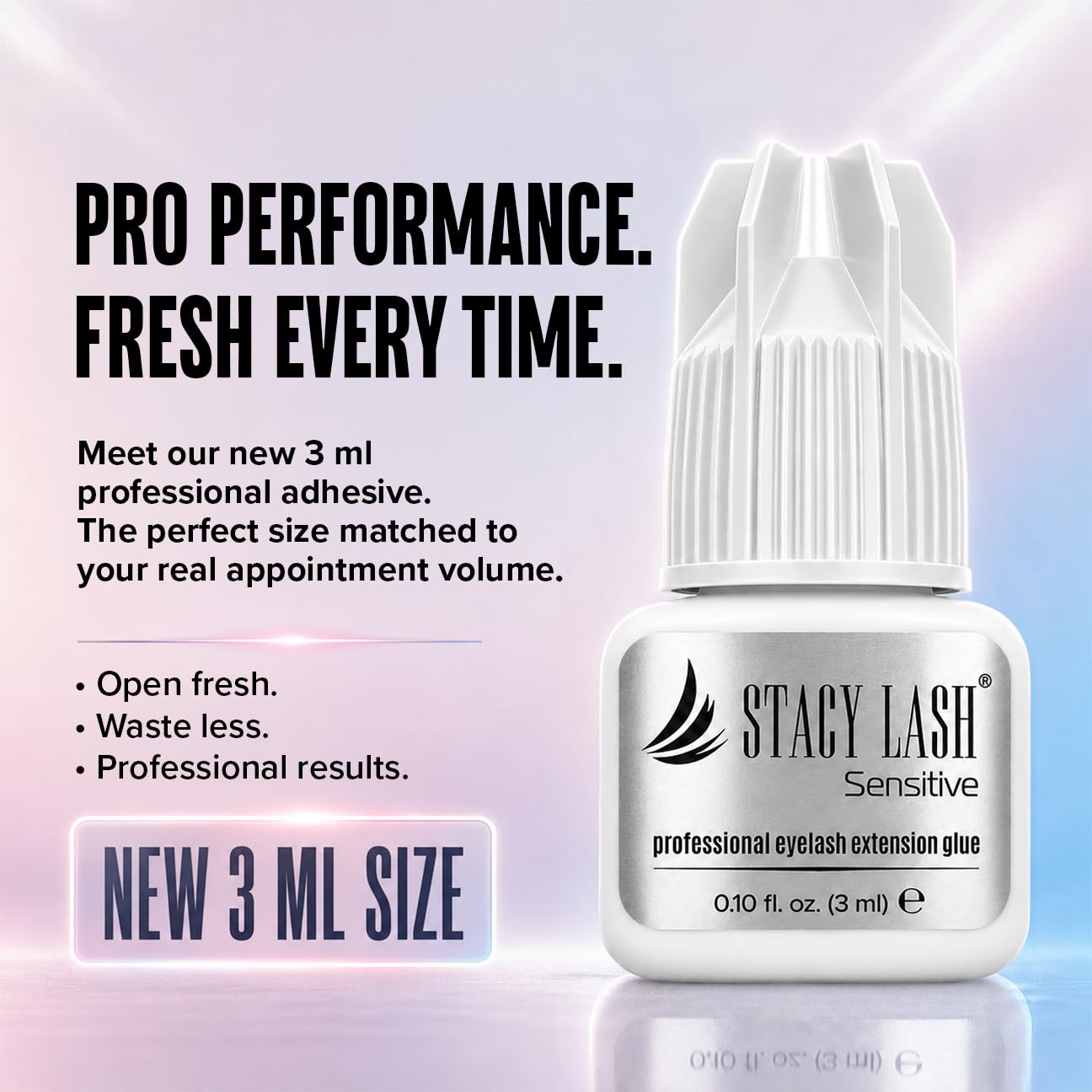 STACY LASH glue drop on tile illustrating low-fume, controlled viscosity benefit