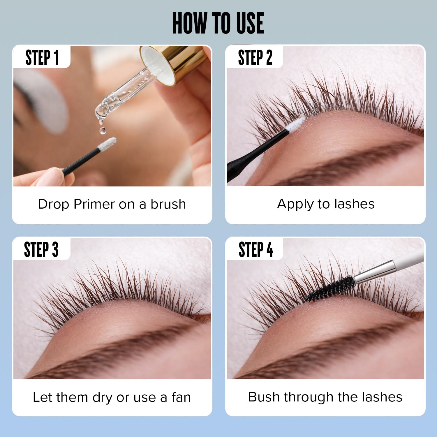 STACY LASH applied with micro brush on lashes showing improved adhesion