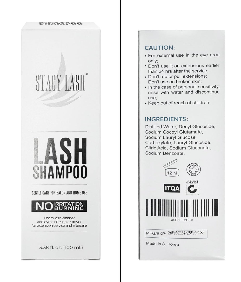 STACY LASH ingredients label highlighting vegan, paraben-free formula for peace of mind