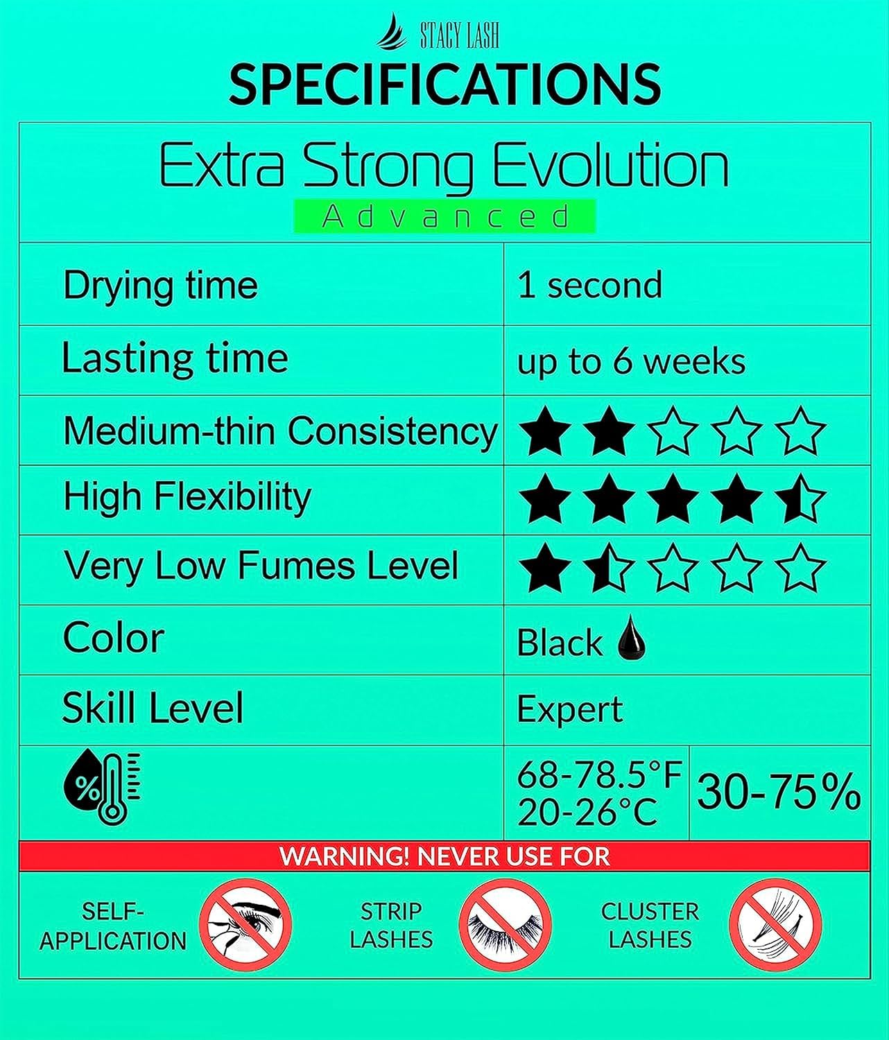 STACY LASH label and specs readable for technician reference and safety