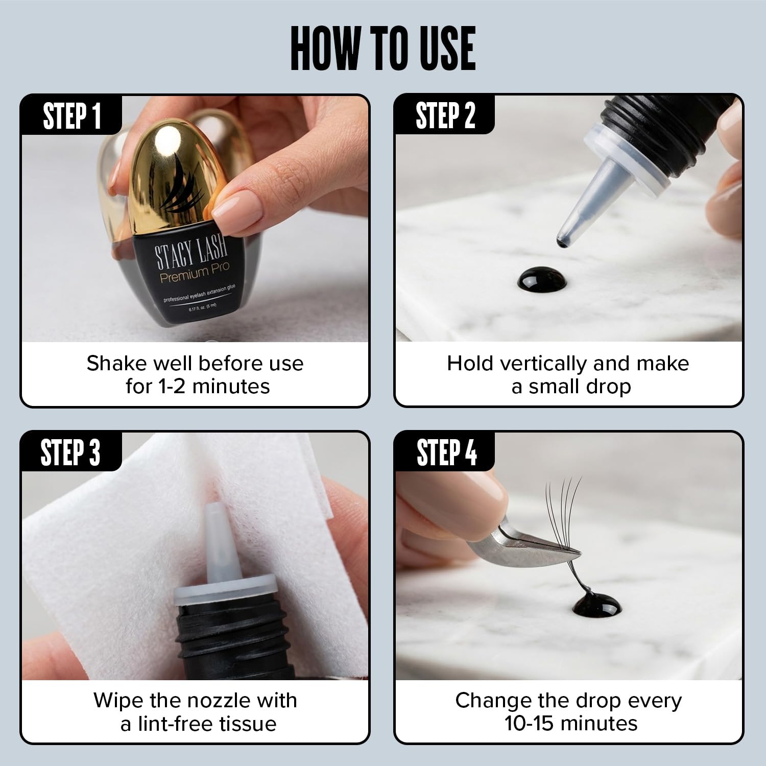 STACY LASH bottle next to a hand for size and scale to show portable 5ml convenience
