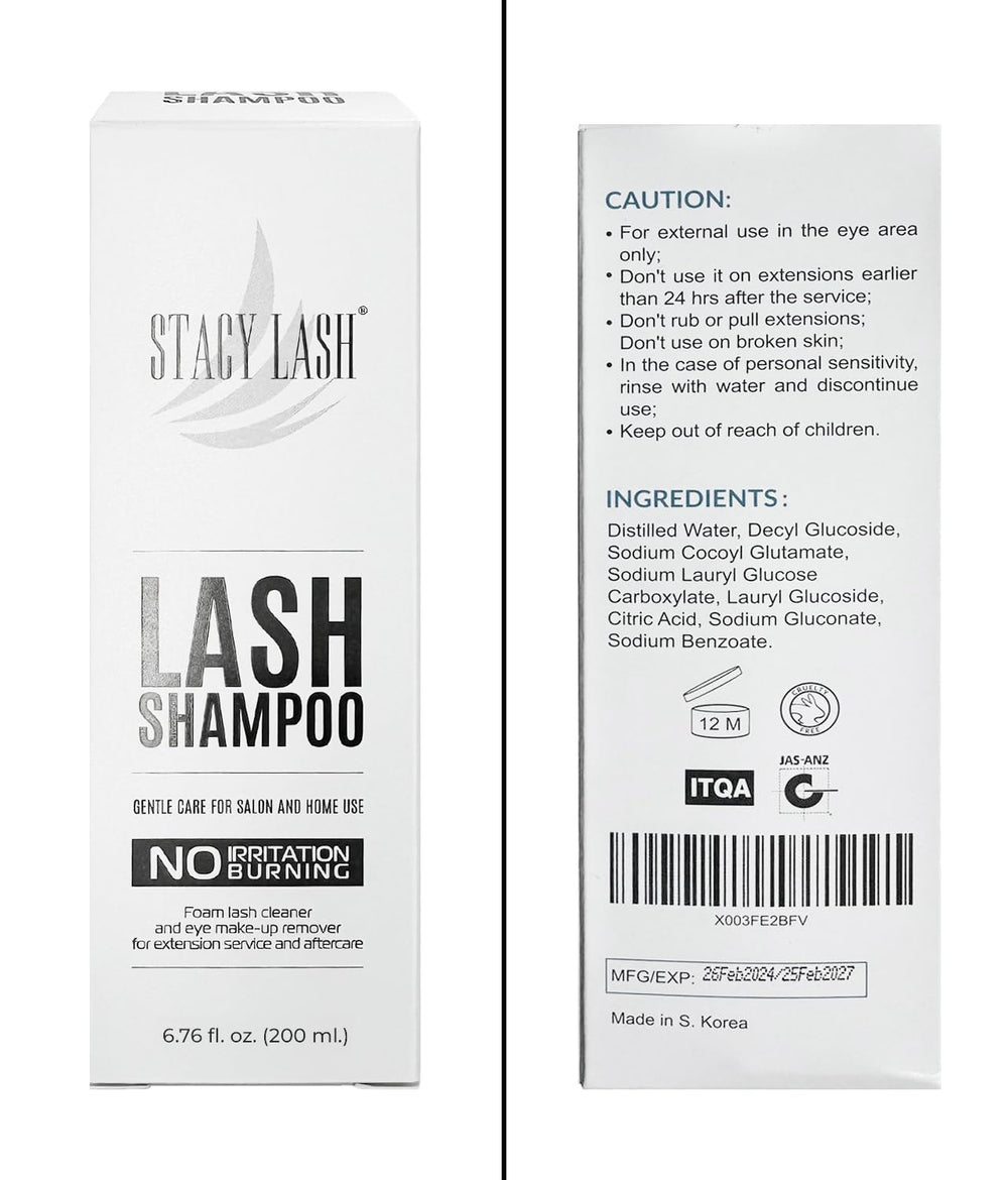 STACY LASH bottle next to credit card showing compact 200ml travel-friendly size