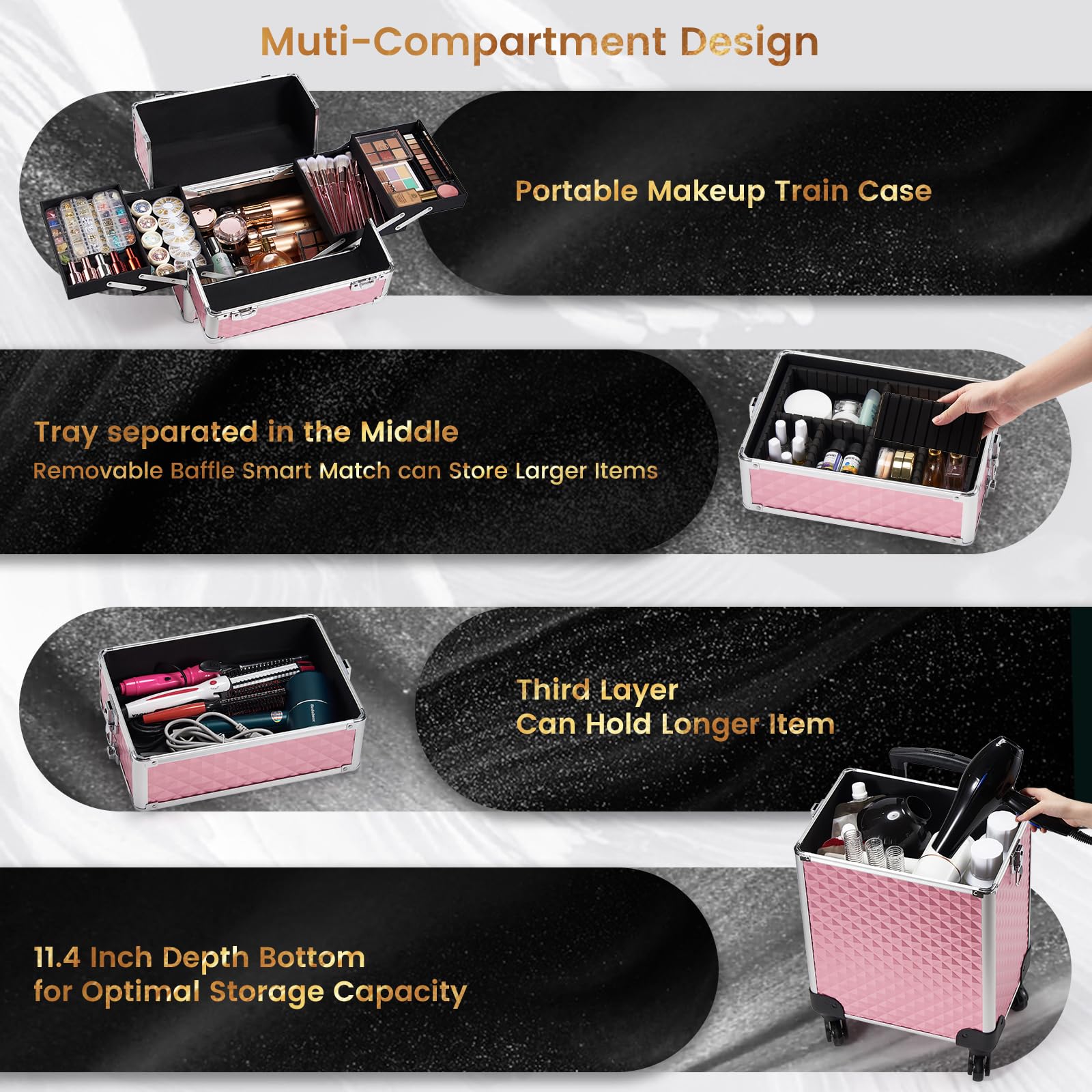 Stagiant interior trays arranged with removable baffles for tailored organization