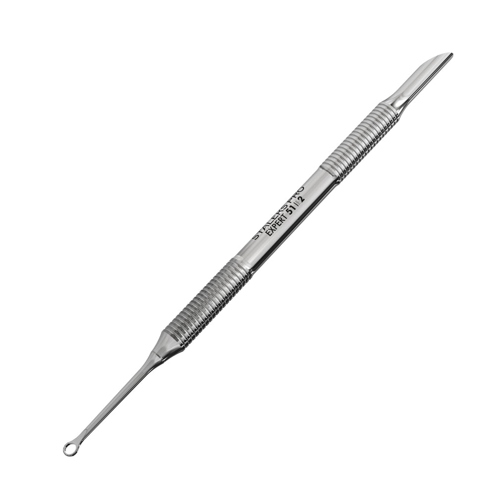 Staleks beveled cuticle pusher front view showing polished steel and precise shape for control