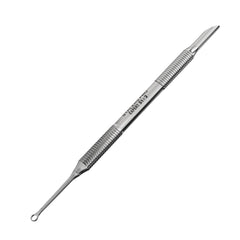 Staleks beveled cuticle pusher front view showing polished steel and precise shape for control