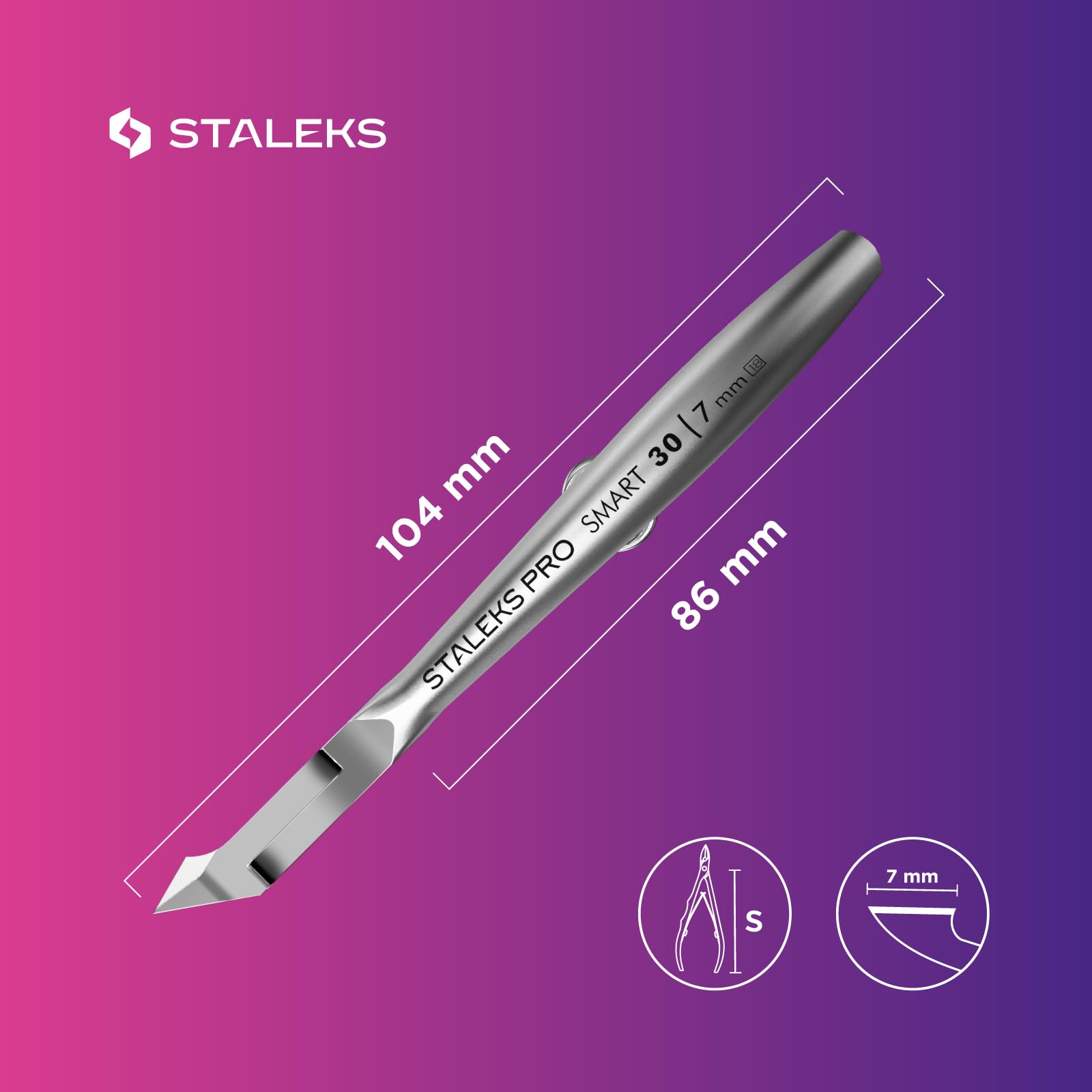 Staleks next to ruler showing scale and 7 mm working part for clear size reference