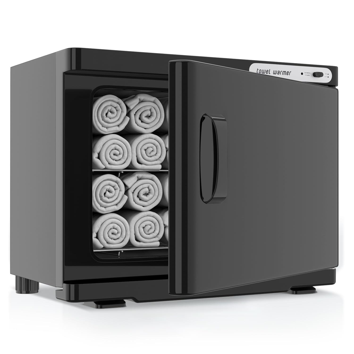 StateRiver front view of black towel warmer cabinet showing sleek design and professional appeal