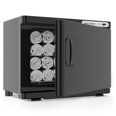 StateRiver front view of black towel warmer cabinet showing sleek design and professional appeal