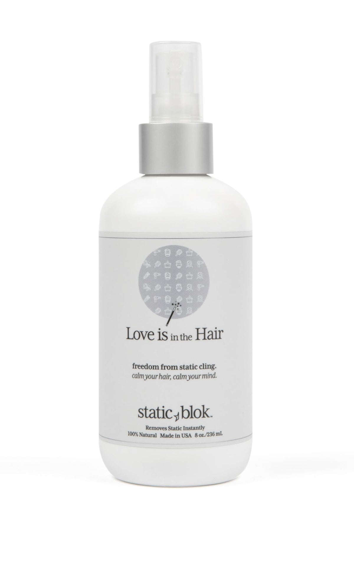 Static Blok front label on 8oz bottle showing clean packaging and trust
