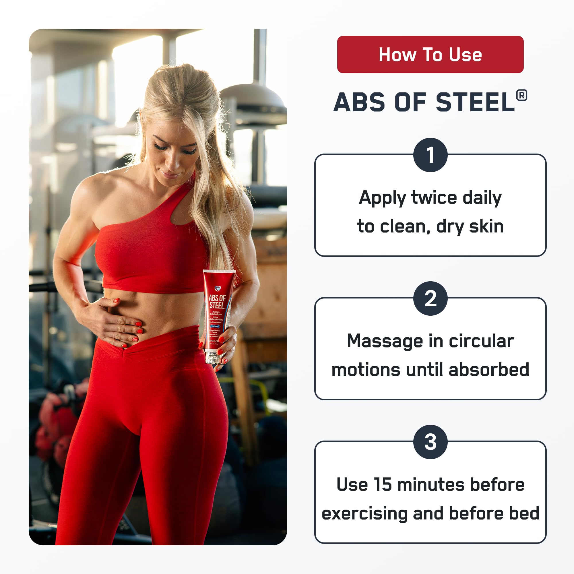 SteelFit cream applied to abdominal skin demonstrating contour-enhancing benefit