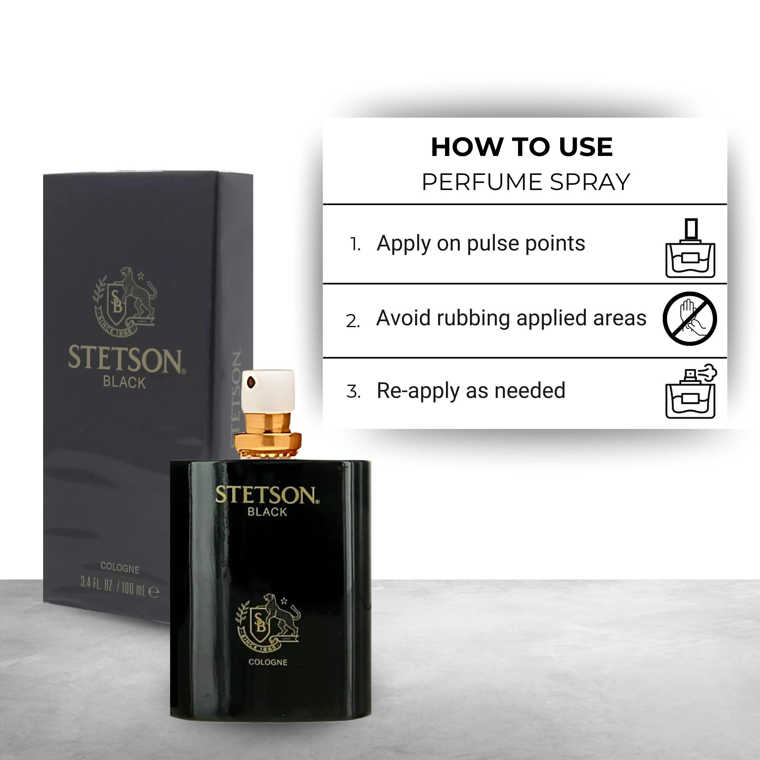 Stetson black bottle next to wallet showing 3.4 oz travel-ready size