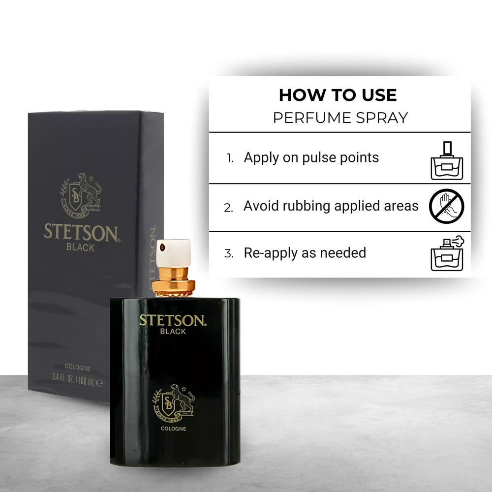 Stetson black bottle next to wallet showing 3.4 oz travel-ready size