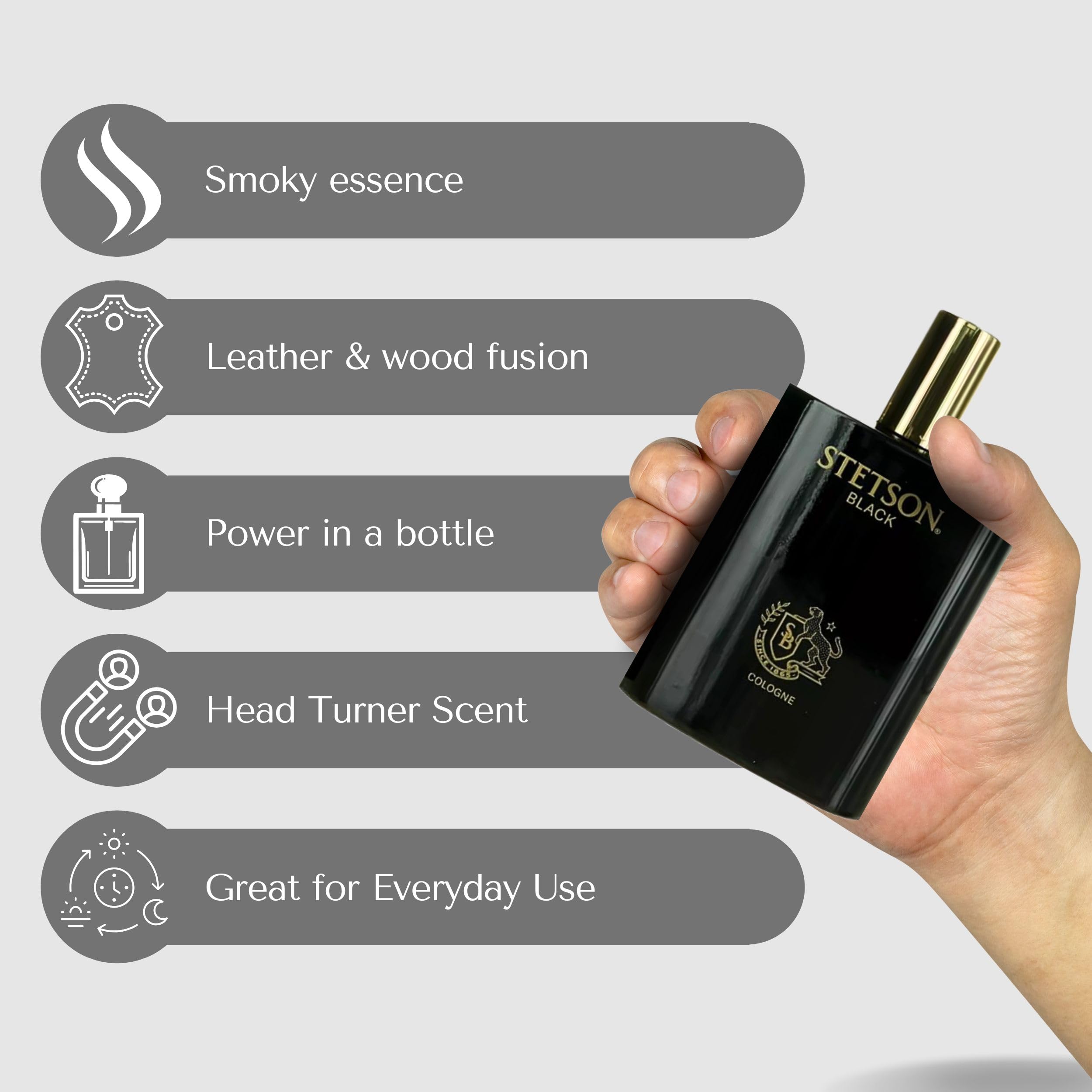 Stetson black bottle on wood background showing rugged, warm notes