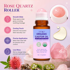 STFOCE close-up of rose quartz roller highlighting smooth glide benefit