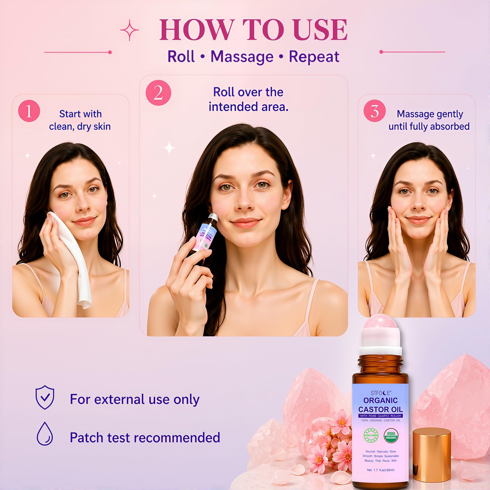 STFOCE applying roller under eye for targeted soothing and care
