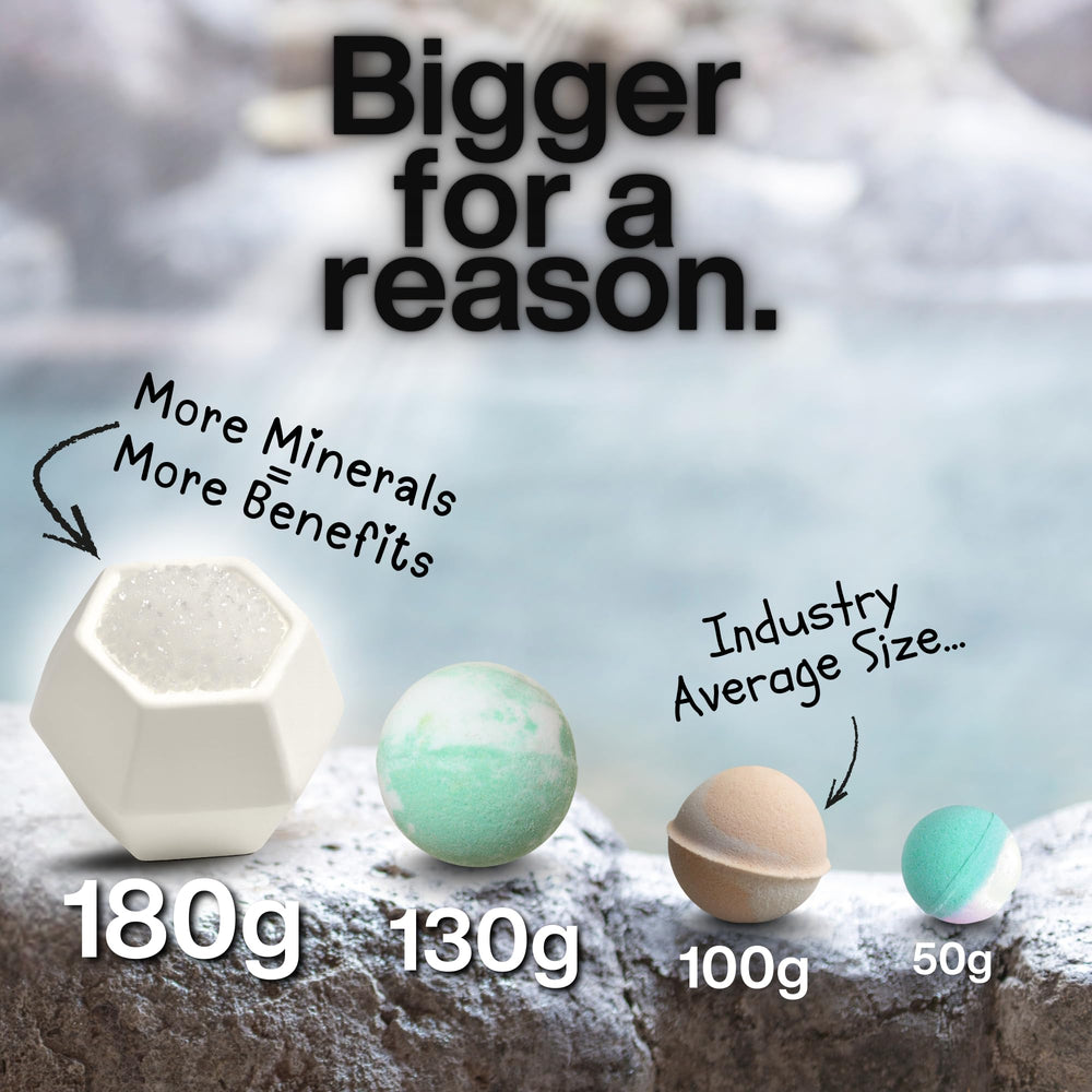STiiMPAK seven bath bombs lined up, variety of spring-inspired blends