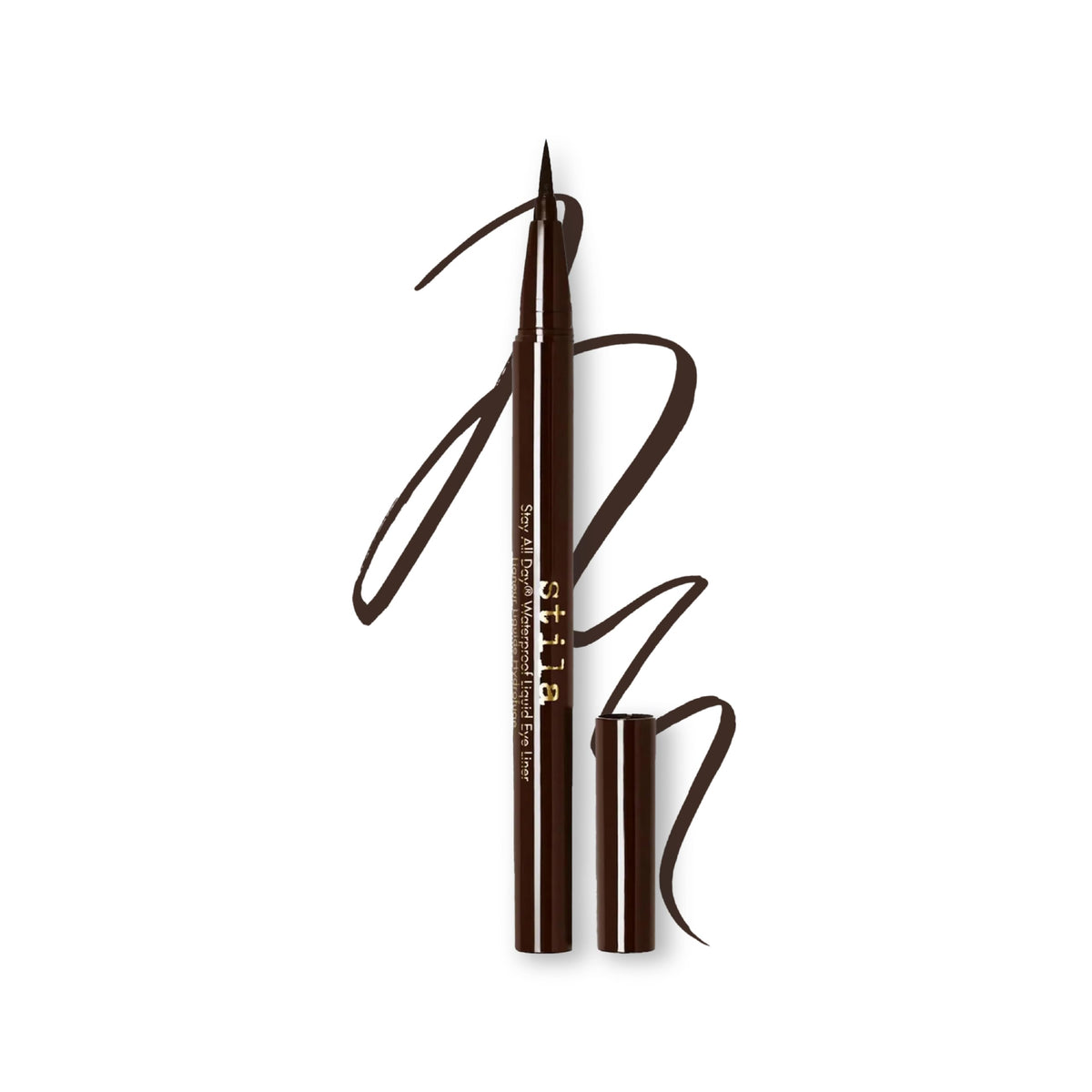 stila dark brown pen front showing branding and sleek design for precise lining