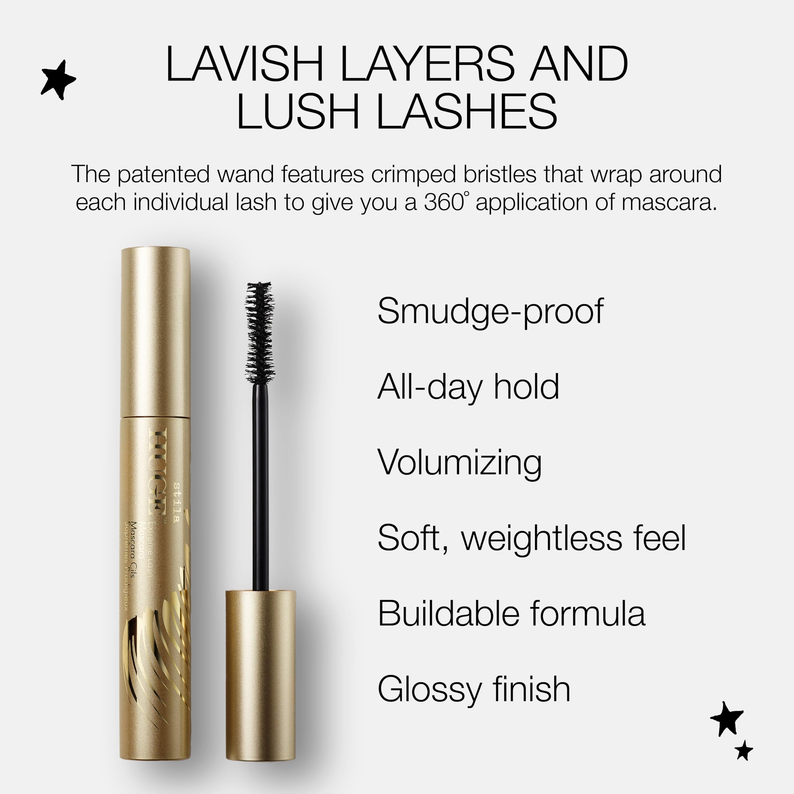 stila HUGE mascara on vanity with cosmetics showing ready-to-wear drama