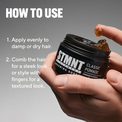 STMNT pomade rubbed on hand demonstrating simple application and controlled amount