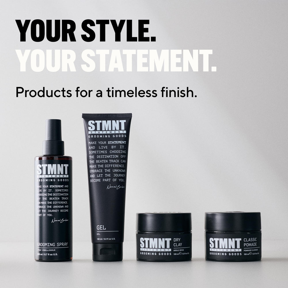 STMNT product on bathroom vanity styled with grooming tools indicating daily routine benefit