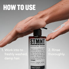 STMNT conditioner close label view highlighting activated charcoal and menthol features for informed buyers