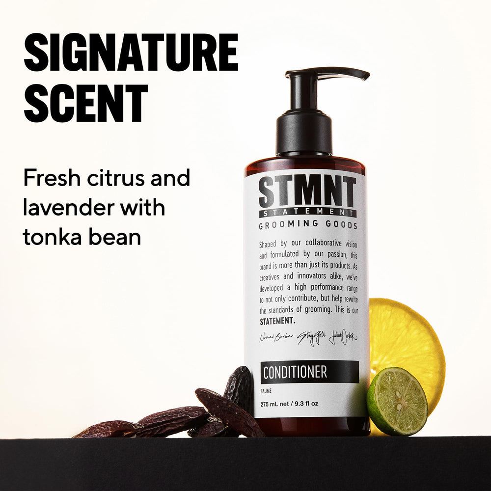 STMNT conditioner applied to beard during grooming showing softening benefit and styling prep
