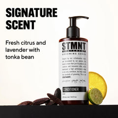 STMNT conditioner applied to beard during grooming showing softening benefit and styling prep