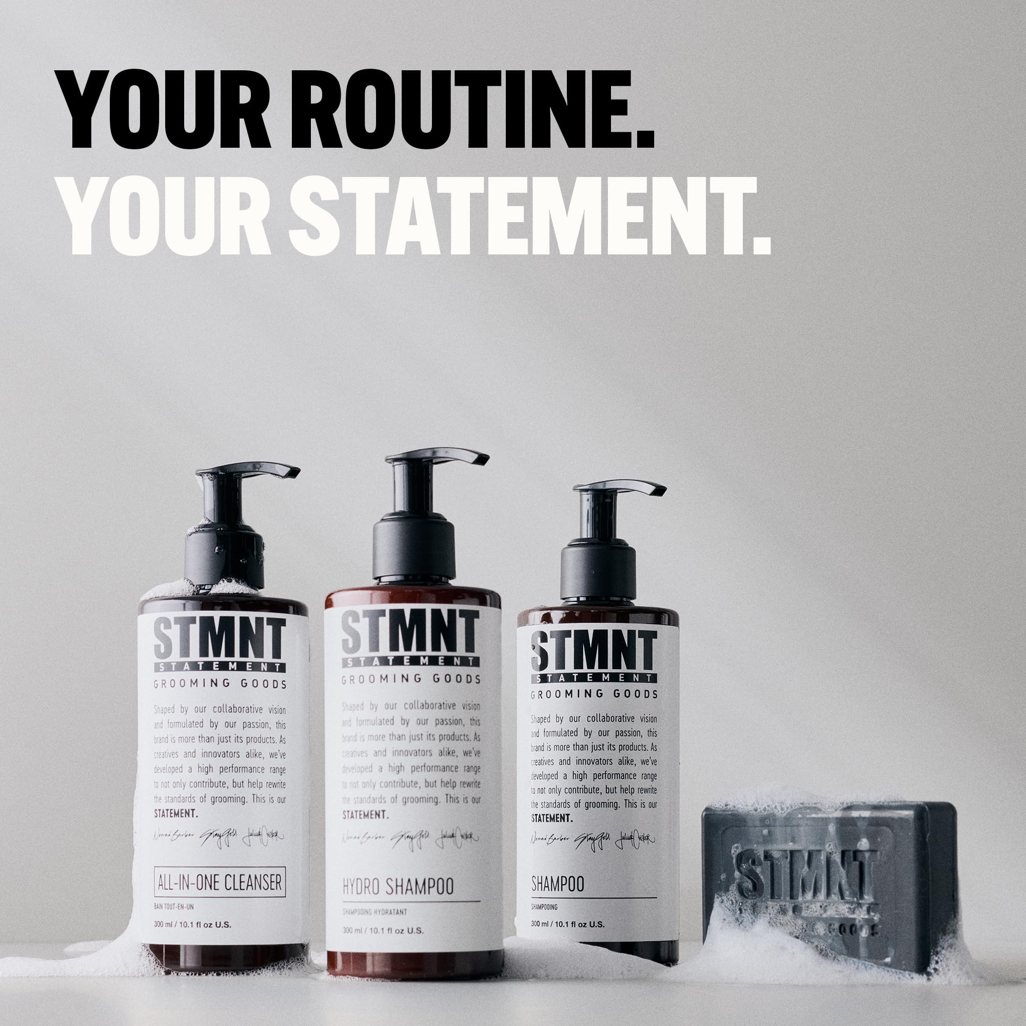 STMNT conditioner lifestyle bathroom scene conveying fresh scent and daily grooming routine benefit